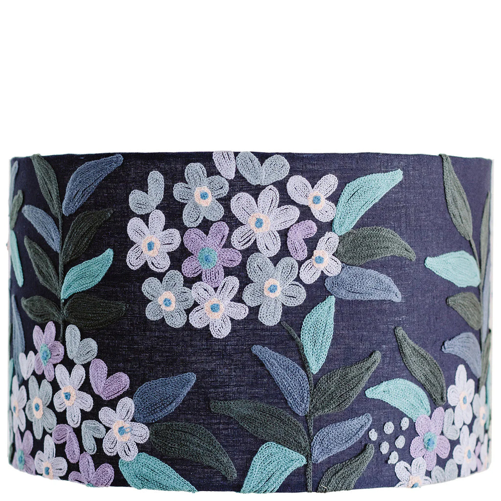 Embroidered-cotton-linen-lamp shade-floral-navy-blue