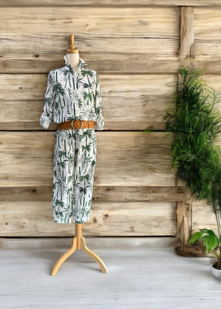 cotton-button front-palm-print-womens-shirt-white-green 