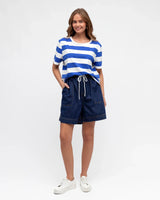 Denim shorts on model 