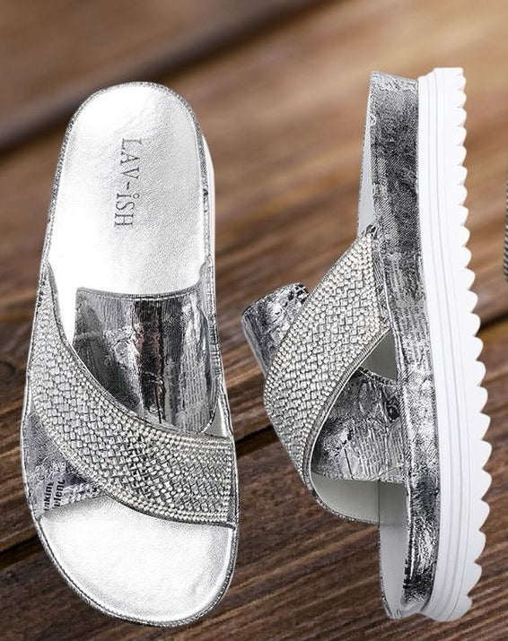 lavish-newspaper-slide-sandals-bling-crystals-sparkle-newspaper-words-print-padded-insole-gold-silver 