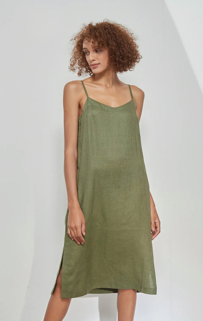 tirelli-linen-cami-dress-thin-straps-slip-dress-green-mid-length-