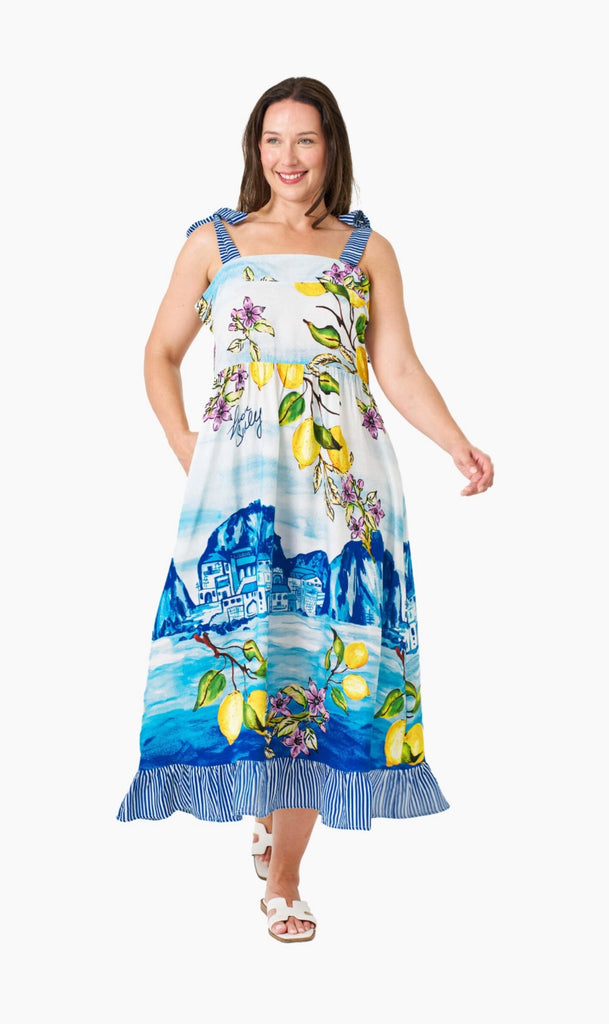 boho-fashion-lemon-breeze-strap-dress-adjustable-strap-beach-coastal-mediterannean-print-lemons-curvy-plus-size-women's 