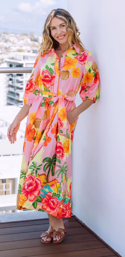 cactus-rose-barbados-dress-pink-floral-beach-tropical-print-lobsters-sleeves-buttoned-belt 