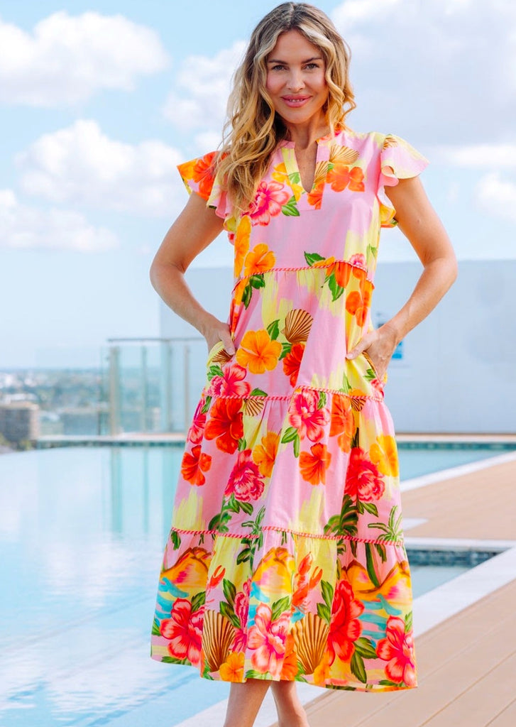 cactus-rose-barbados-tier-dress-flutter-sleeves-full-length-tiered-pockets-floral-pink
