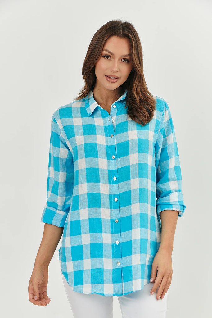 Enveloppe-madras-linen-shirt-check-blue-turquoise-white-buttoned-tab-sleeves-oversized-womens-fashion