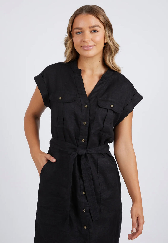 linen-dress-black-mid-length-buttons-cuffed-short-sleeves-waist-tie 