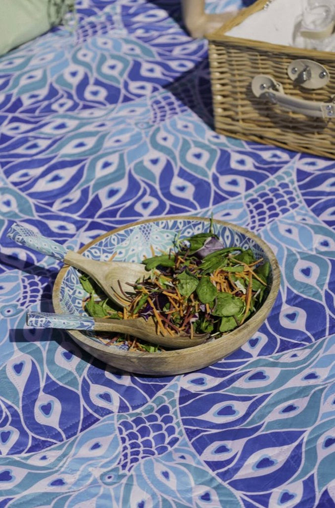 good-vibes-salad-bowl-peacock-print-enamel-wood-picnic-round-entertaining 