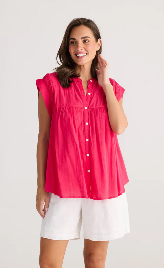 holiday clementine top pink raspberry fuchsia button top 