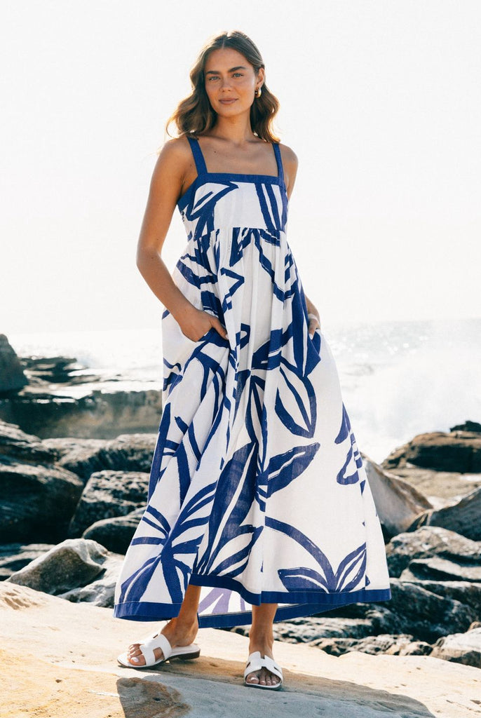 label-of-love-liana-dress-longer-at-back-ankle-length-blue-leaf-swirl-print-white-background-straps