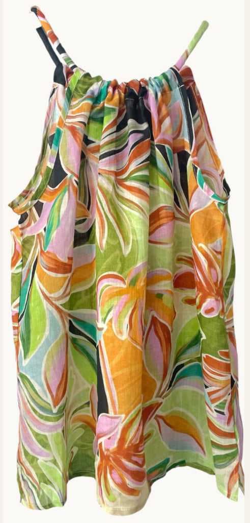 little-lies-bermuda-top-sleeveless-adjustable-neckline-green-pink-abstract-pattern-linen-resortwear 