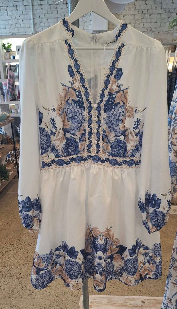 lorraine-maisy-dress-white-floral-blue-brown-party-garden-long-sleeves 