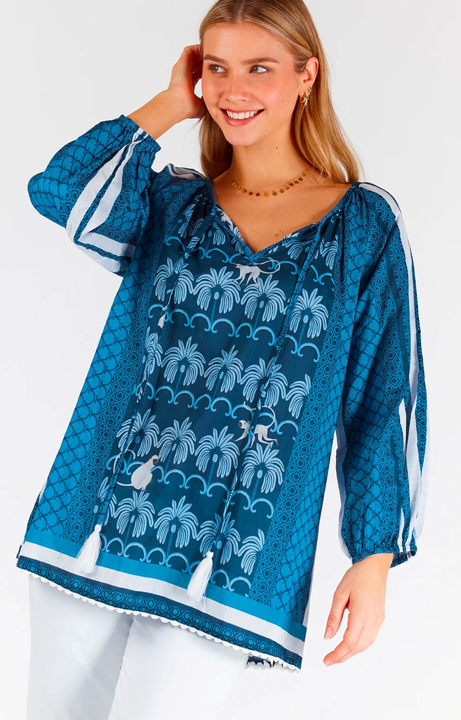 lulalife-blakely-top-blue-navy-long-sleeves-cotton-lightweight-jungle-print-monekys-trees