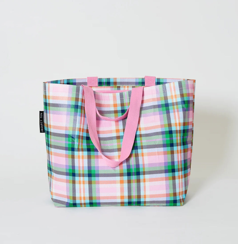 project-ten-medium-tote-plaid-multicoloured-pink-shopping-tote-bag-beach-bag