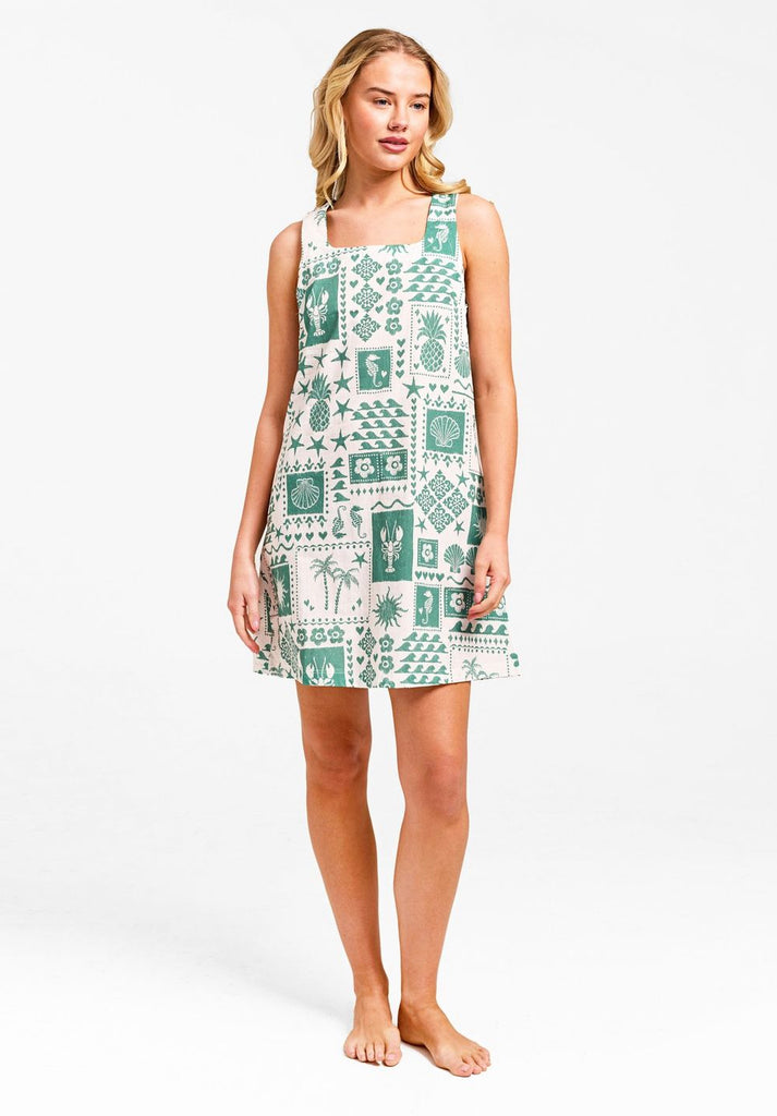 primrose-the-label-dress-talia-safe-green-white-holiday-print-beach-dress-summer-shift-dress-aline-short 