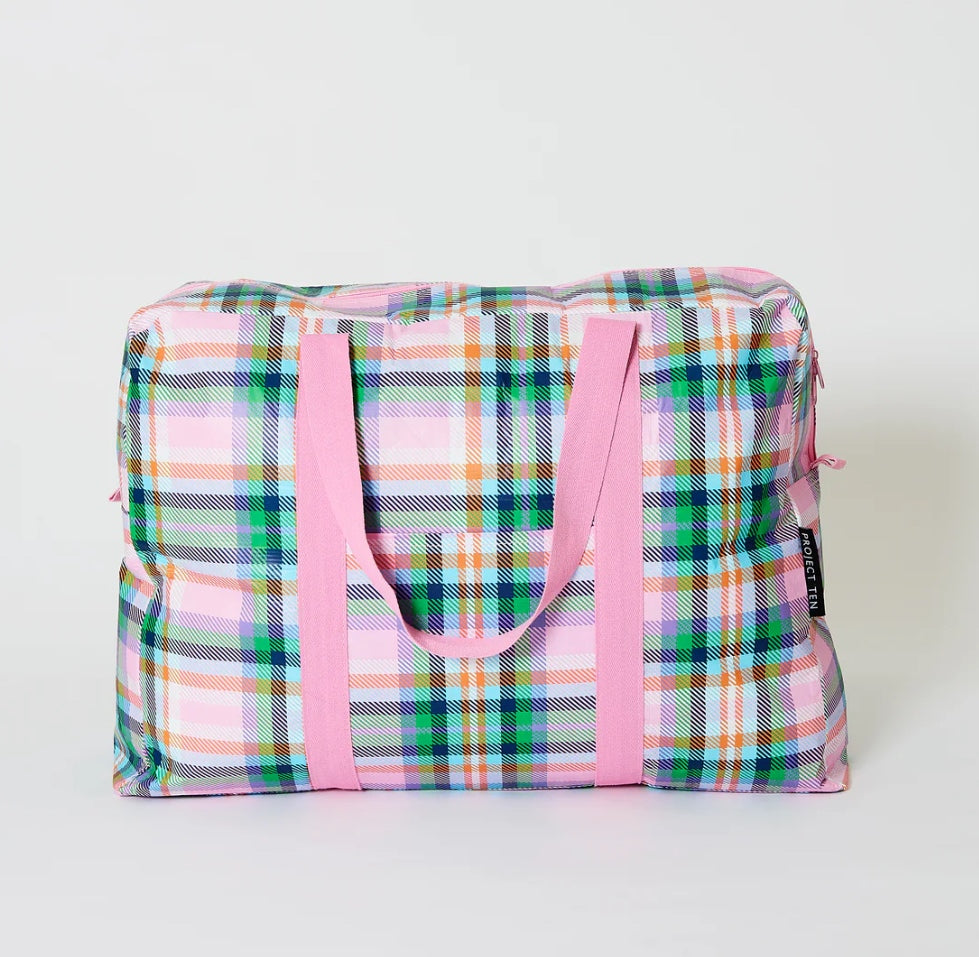 project-ten-plaid-overnight-bag-travel-sleepover-multicoloured-plastic-sustainable-pink