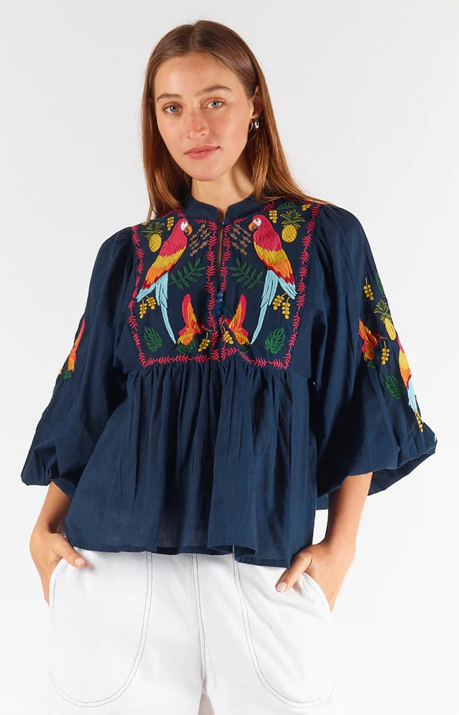 rubyyaya-marmoset-shirt-navy-white-parrots-embroidered-sleeves-colourful-cotton