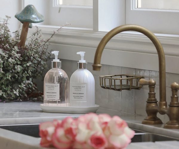 Peppermint Grove hand and body gift set by a kitchen sink