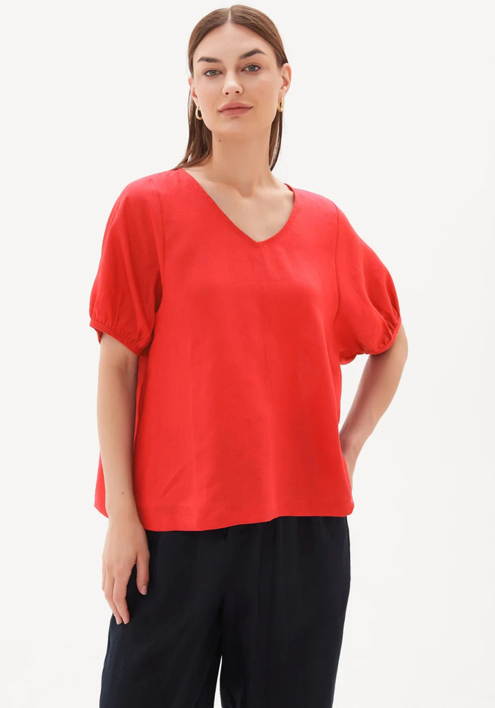 tirelli-bishop-sleeve-candy-red-v-neck-short-sleeves-deep-v-neck-relaxed-fit 