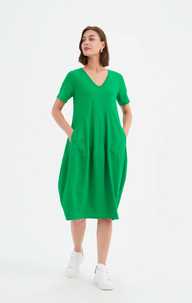 tireli-v-neck-short-sleeve-diagonal-seam-dress-cool-green-deep-teal-blue-pockets-knee length